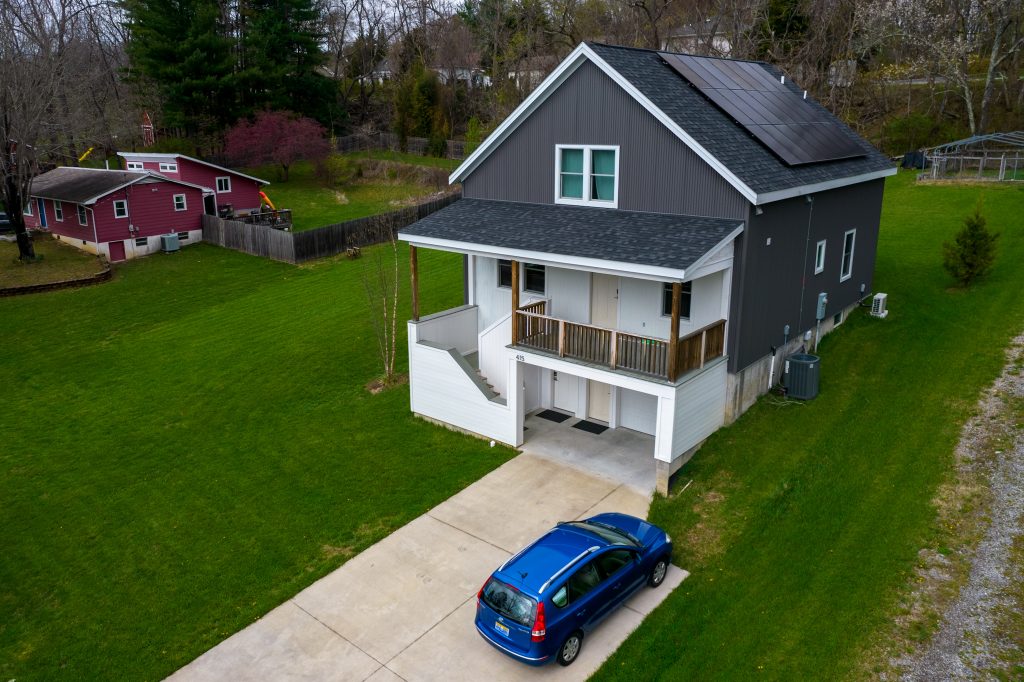 Drone image of a house with solar panels in Blacksburg, Virginia