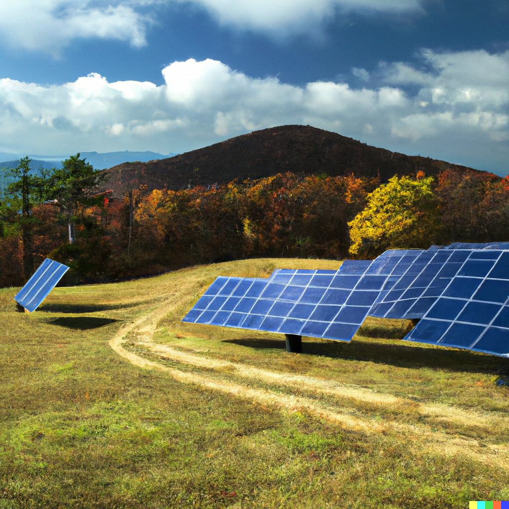 DALL-E AI render of "A futuristic landscape scene featuring ((solar panels)) and futuristic technology in Virginia's (Blue Ridge Mountains)."