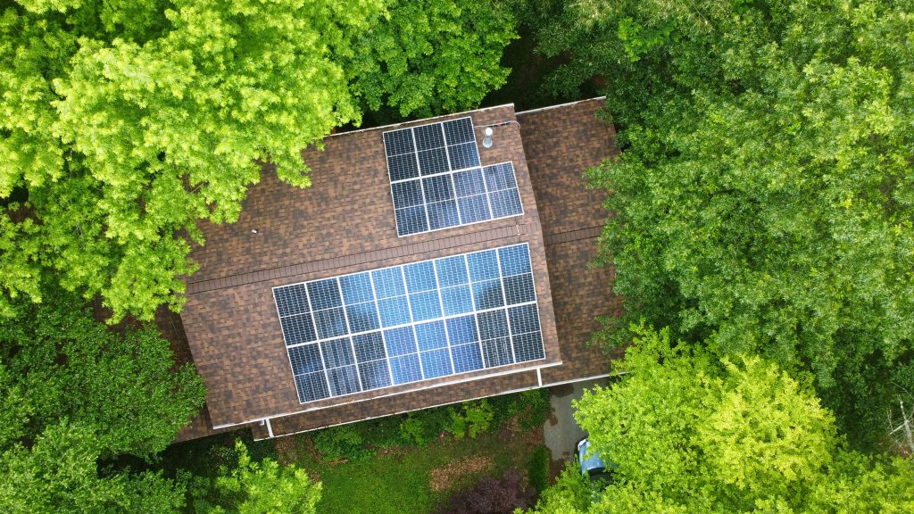 Overhead image of solar array on home in Blacksburg, Virginia.